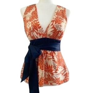 Wendy Hill Silk Floral V-Neck Sleeveless Top Navy‎ Sash Size S